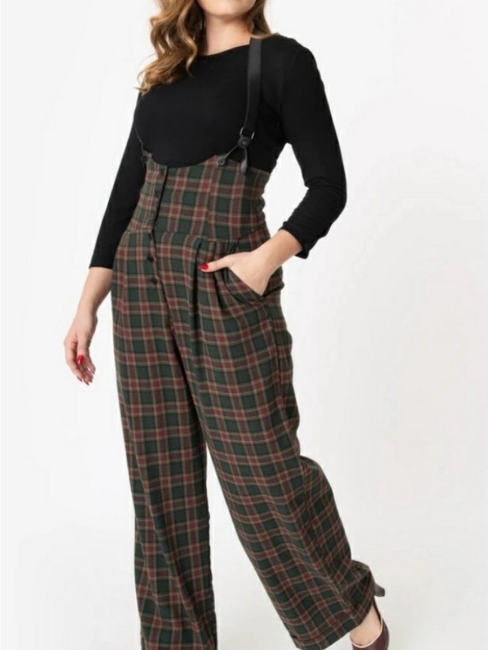 Unique Vintage Black and Green Plaid Suspender Wide-Leg Jumpsuit